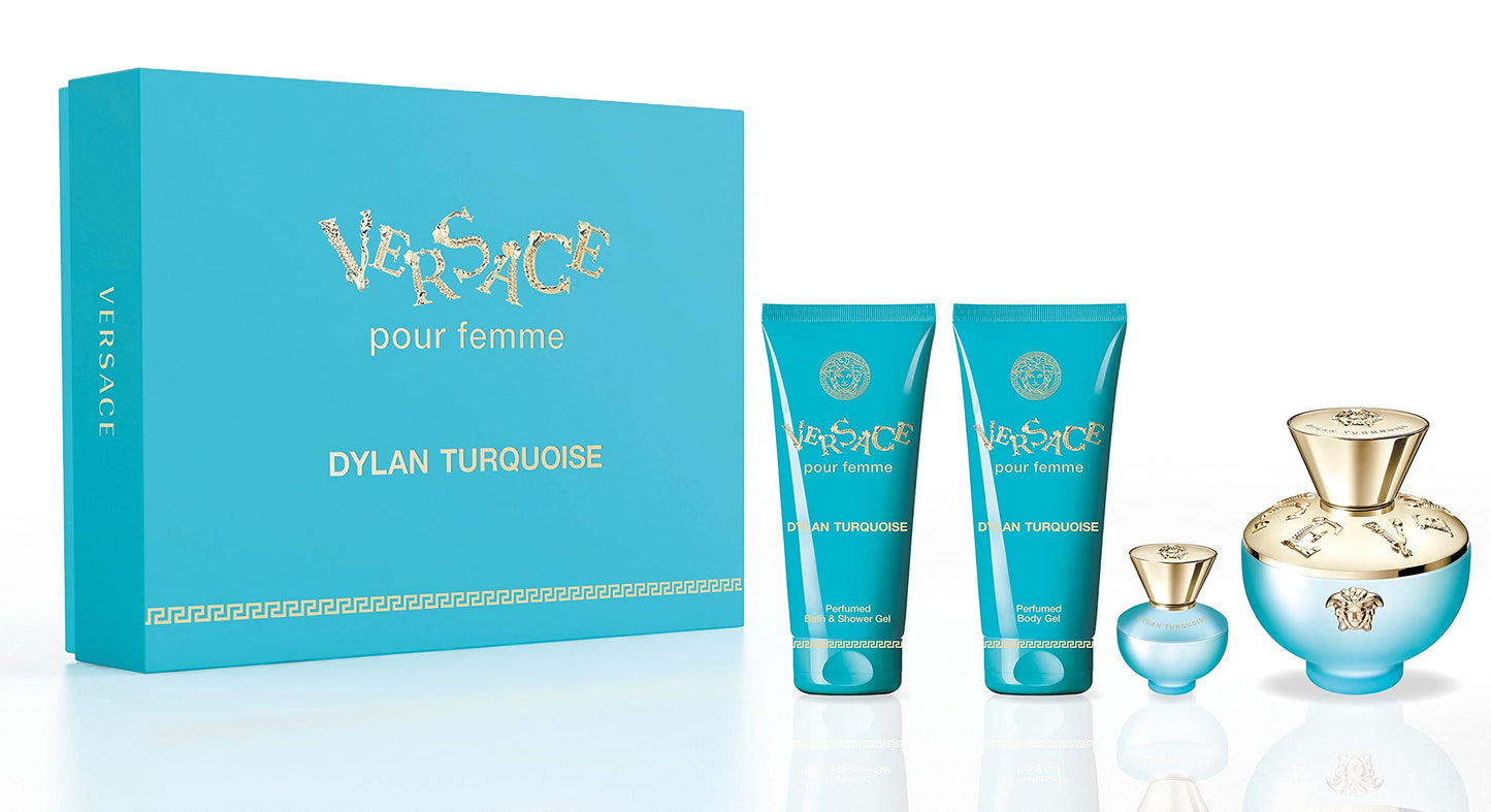 Versace Dylan Turquoise 100ml EDT Spray + 100ml Body Lotion + 100ml Shower Gel + Mini for Women Gift Set