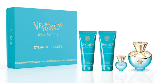 Versace Dylan Turquoise 100ml EDT Spray + 100ml Body Lotion + 100ml Shower Gel + Mini for Women Gift Set